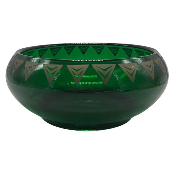 Dalzell Viking Bowl Vintage Green Glass Gold Triangles Hollywood Regency Heavy - Picture 10 of 12